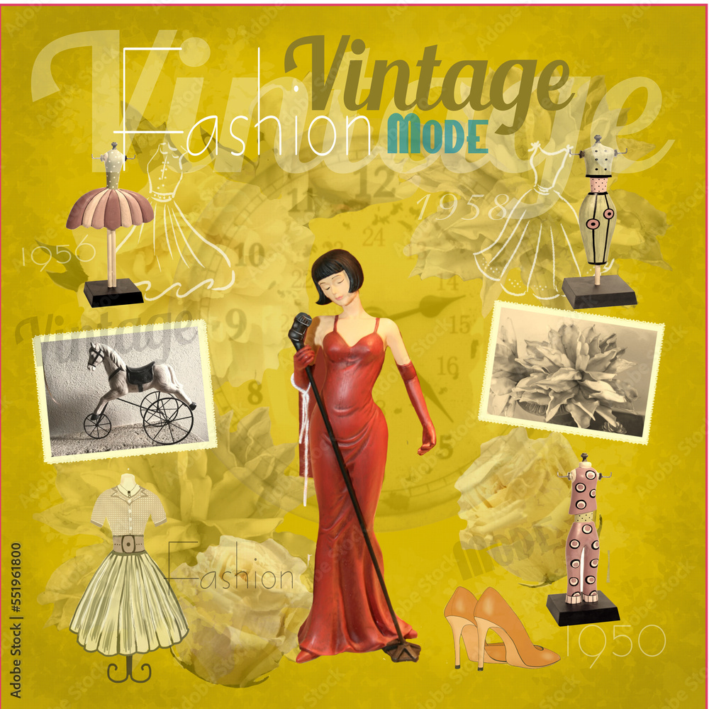 Affiche vintage Chanteuse en robe rouge. Accéssoires et ancien et ...
