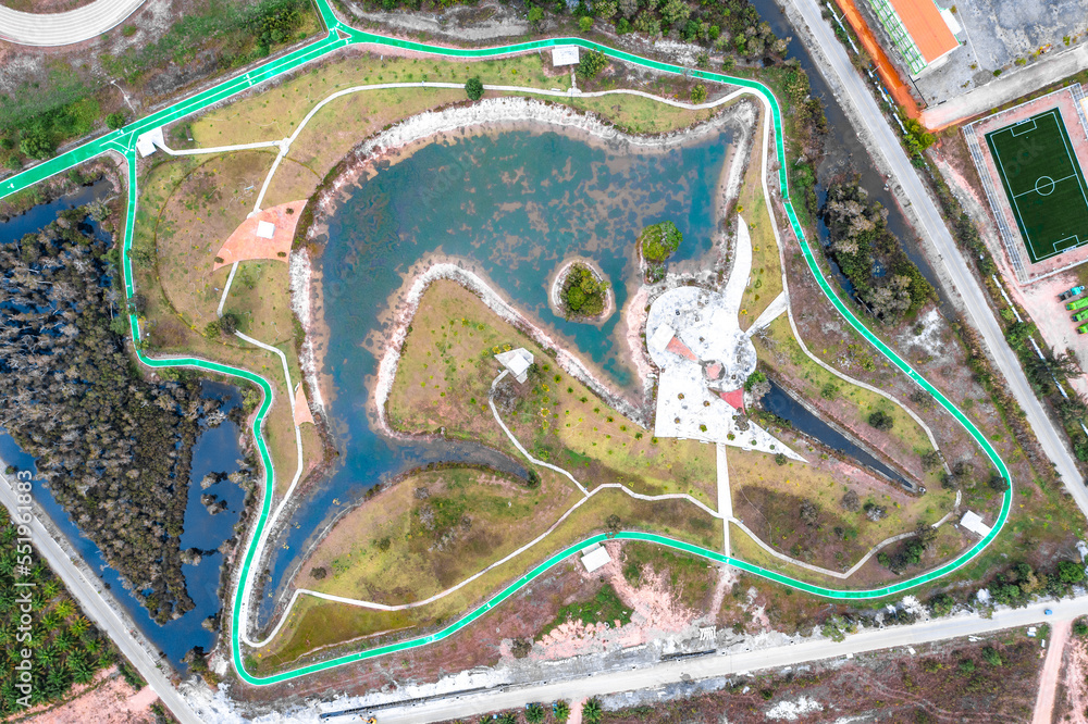 Aerial view of a park looking like a sword fish in Krabi, Thailand Aerial view of a park looking like a sword fish in Krabi, Thailand