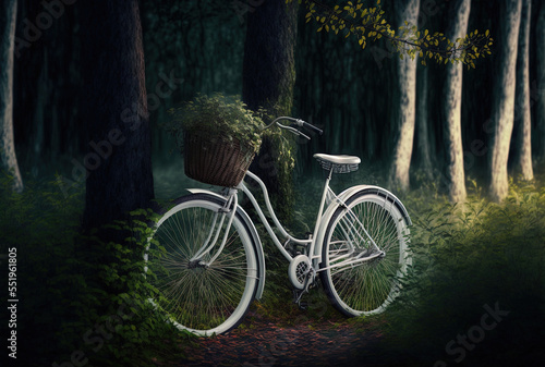 White bicycle in the forest. Generative AI