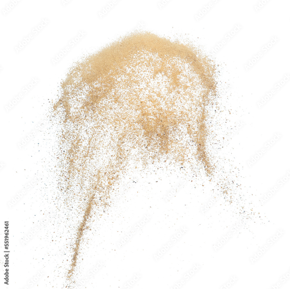 Sand flying explosion, Golden sand wave explode. Abstract sands cloud fly. Yellow colored sand splash throwing in Air. White background Isolated high speed shutter, throwing freeze stop motion Sand flying explosion, Golden sand wave explode. Abstract sands cloud fly. Yellow colored sand splash throwing in Air. White background Isolated high speed shutter, throwing freeze stop motion