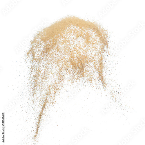 Sand flying explosion, Golden sand wave explode. Abstract sands cloud fly. Yellow colored sand splash throwing in Air. White background Isolated high speed shutter, throwing freeze stop motion