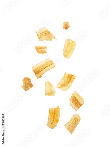 Falling banana chips isolated on white background with clipping path.
