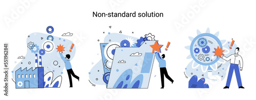 Non standart solution metaphor. Finding decisionss, problem solving. Teamwork, partnership. Working collaboration, corporate cooperation, creativity idea and innovation, colleagues mutual help concept