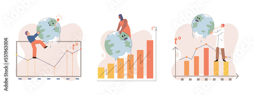 Global warming. High temperature and hot weather Earth. Climate change concept. Hot melt planet earth. Global warming heating impact. Tiny people. Raising global temperature. People energy use planet