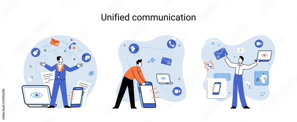 Fototapeta premium Unified communication metaphor. Social media creative idea. Online social network. Business interaction applications. Marketing time. Mobile computer gadgets for cooperations and information exchange