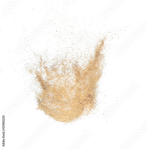 Sand flying explosion, Golden sand wave explode. Abstract sands cloud fly. Yellow colored sand splash throwing in Air. White background Isolated high speed shutter, throwing freeze stop motion