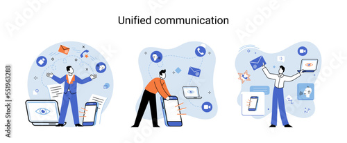 Unified communication metaphor. Social media creative idea. Online social network. Business interaction applications. Marketing time. Mobile computer gadgets for cooperations and information exchange