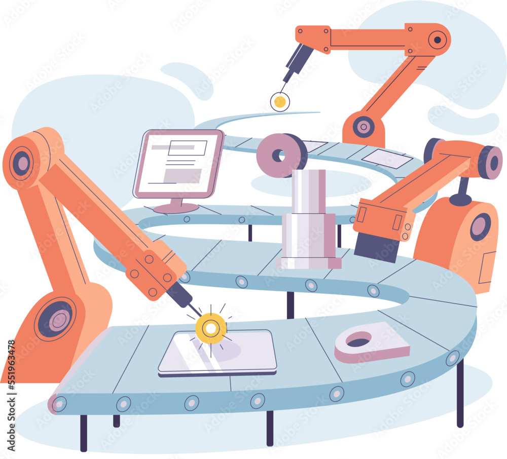 Manufacturing process at automated industry. Industrial conveyor with robot work. Technical and science innovation. Smart manufacture, automation of digital devices production, mechanical equipment Manufacturing process at automated industry. Industrial conveyor with robot work. Technical and science innovation. Smart manufacture, automation of digital devices production, mechanical equipment