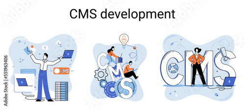 Digital content management system, CMS development software metaphor. Information system or computer program enable organize collaborative process of creating, editing and managing soft in network