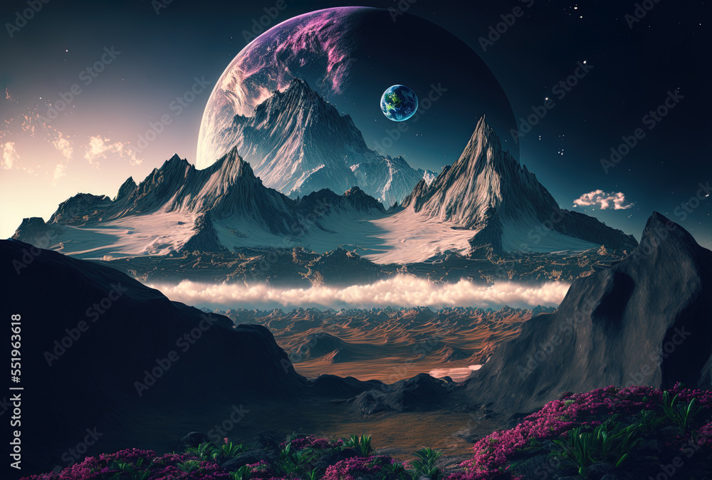 earth and mountains in the background of an aesthetic cosmos. Generative AI