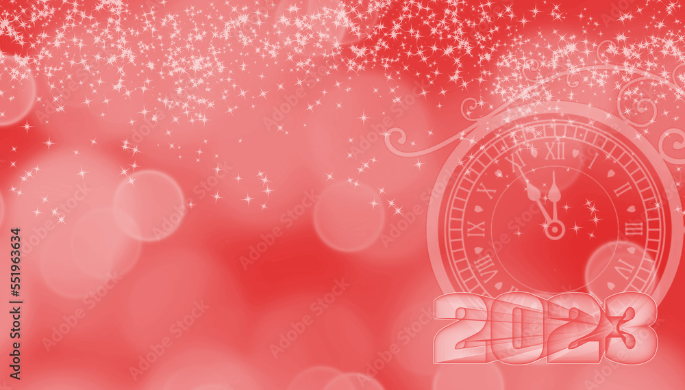 New Year 2023 card with creative clock and fireworks red background New Year 2023 card with creative clock and fireworks red background