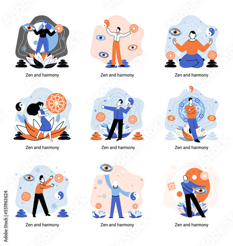 Zen and harmony metaphor, meditation practice. Balance, relaxation, mindfulness. Calm person relaxing. Yoga and spiritual practice, relax, recreation, healthy lifestyle. Japanese cult of mind and body