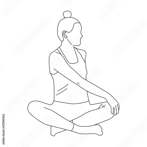 Line art of woman doing yoga in easy twist pose vector.