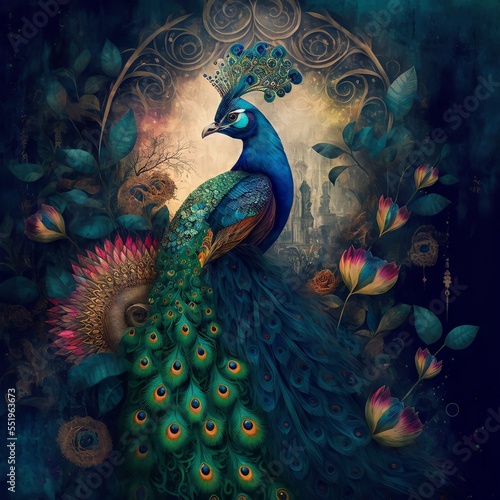 Bohemian background with a peacock, teal and earthy colors, generative art 