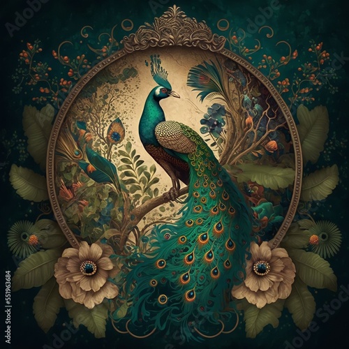 Bohemian background with a peacock, teal and earthy colors, generative art 