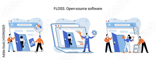 FLOSS open source software. Code of created program open available for viewing modification. Use of already created code to create new versions of programs to correct errors refinement of open program