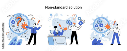 Non standart solution metaphor. Finding decisionss, problem solving. Teamwork, partnership. Working collaboration, corporate cooperation, creativity idea and innovation, colleagues mutual help concept