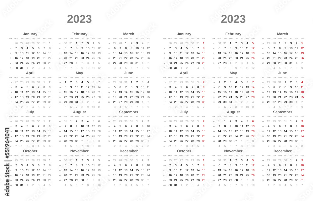 Simple Black And White Calendar For 2023. Week Starts On Monday. Sunday In Red Colors. 2023 Calendar Template Simple Black And White Calendar For 2023. Week Starts On Monday. Sunday In Red Colors. 2023 Calendar Template