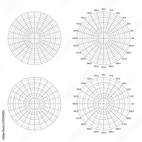 Polar Grid Isolated On White Background. Polar Coordinate Circular Grid And Graph Template. Polar Grid In Degrees