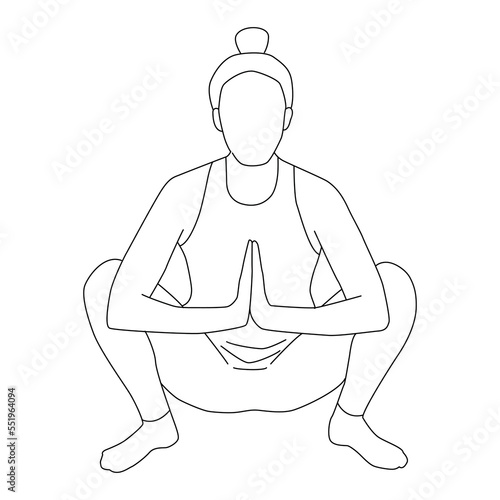 Line art of woman doing yoga in garland pose vector.