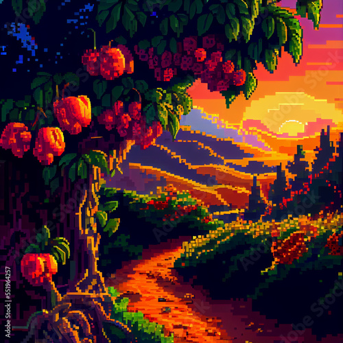 Pixel art of a landscape during golden hour © Peter