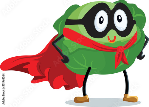 Strong Superhero Cabbage Vector Cartoon Character. Cheerful healthy eating mascot of a salad wearing a red cape
