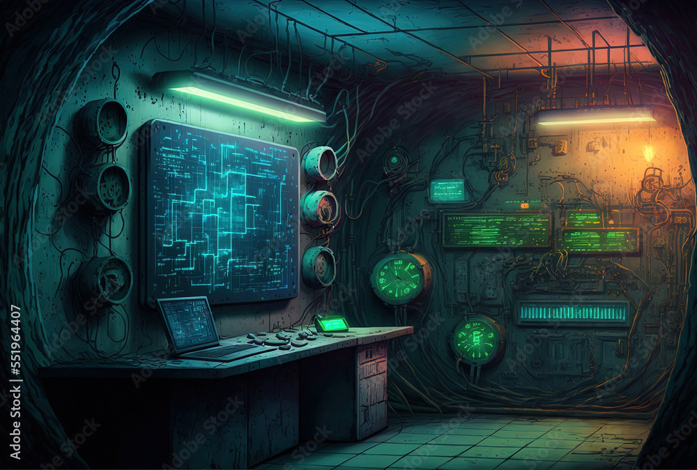 Server Bomb Bomb shelter cyberpank parallel universe metaverse concept art with ...