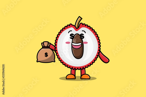 Cute cartoon Crazy rich Lychee with money bag shaped funny in modern design illustration