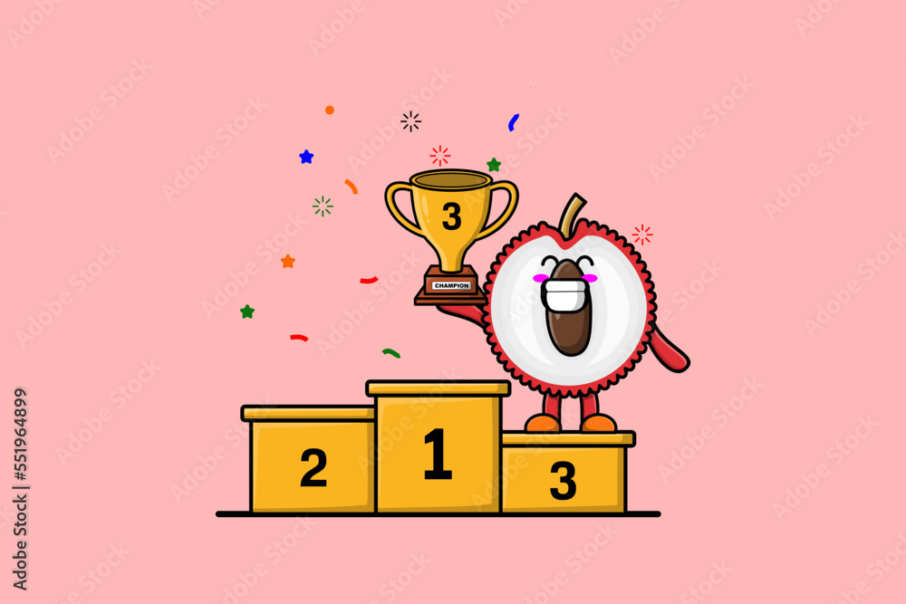 Cute Cartoon character illustration of Lychee is holding up the golden trophy in illustration