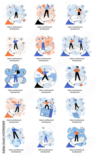 Help in professional development metaphor. Qualified employee training program. Refresher course. Human resource management organization. Business education workshop. School personality growth in team