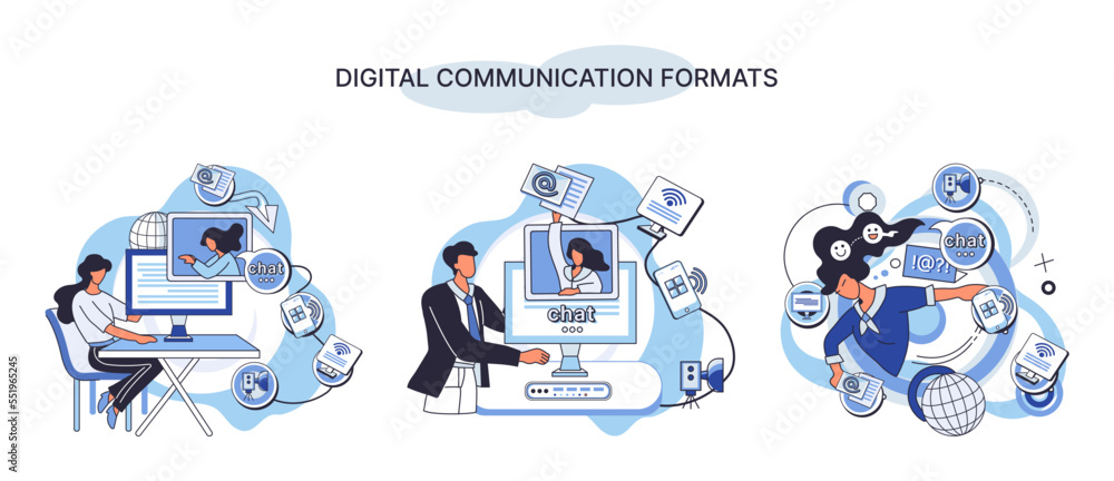 Naklejka premium Digital communication formats metaphor, content online data and social media streaming. Abstract modern news feed and website connection. Open sourse software unified conversation modern technology