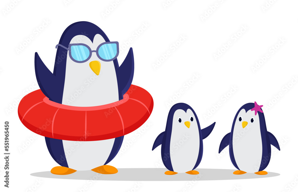 Fototapeta premium Comic penguin with sunglasses and lifebuoy vector illustration. Adult penguin cartoon character with kids isolated on white background. Wildlife, summer, family vacation concept