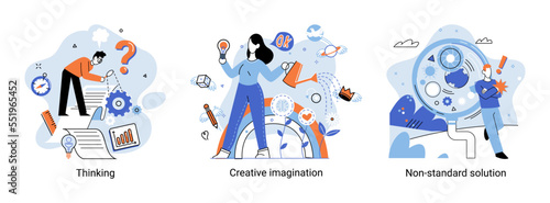Creative thinking. People with different mental mindset types or model creative. Imaginative logical and structural thinking. MBTI person metaphor. Non standart solution. Brain think people solve idea