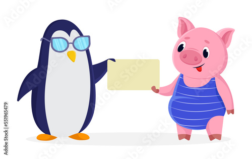 Comic penguin and pig holding blank banner vector illustration. Black and white bird and domestic animal cartoon characters with empty sign. Announcement, information, advertising concept