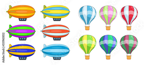 Hot air balloons and blimps vector illustrations set. Collection of cartoon drawings of different colorful air transports isolated on white background. Aircraft, transportation, traveling concept