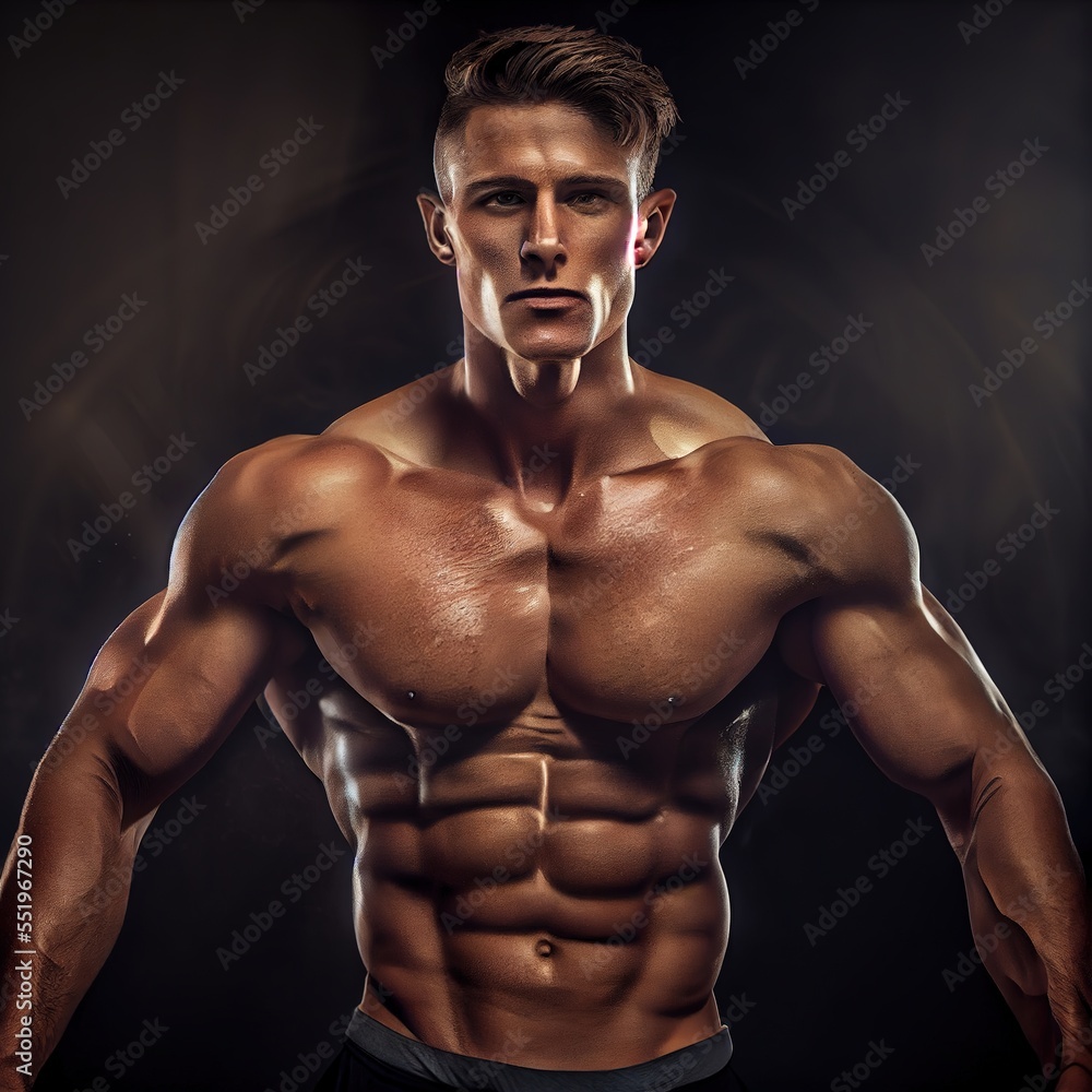 Obraz premium Stunning caucasian man torso, fitness body. Photorealistic ai generated illustration, is not based on any specific real image, character or person