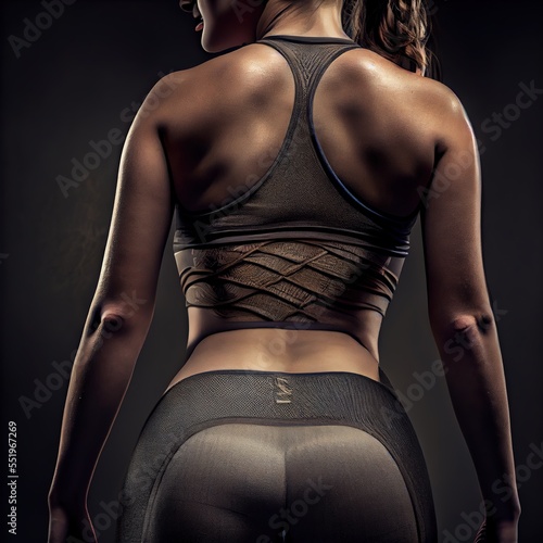 Beautiful fitness woman's back. Photorealistic ai generated illustration, is not based on any specific real image, character or person