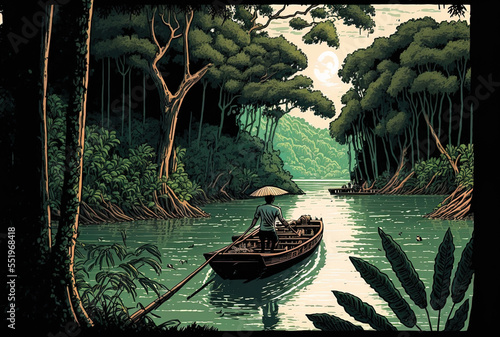 A tourist rows a boat on a lake surrounded by greenery. Generative AI