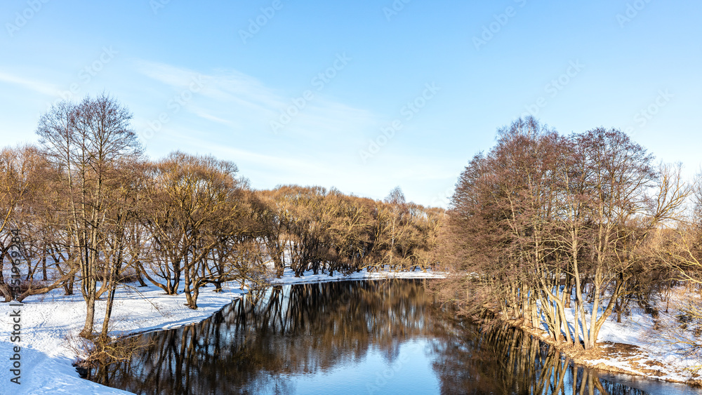 winter river panoramic landscape in clear sunny day. frozen bare trees are reflected in water.