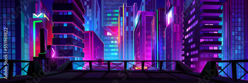 Rooftop view of night cityscape with neon lights. Modern megalopolis architecture, apartment buildings, colorful skyscrapers glowing in darkness. Big city life background. Vector cartoon illustration