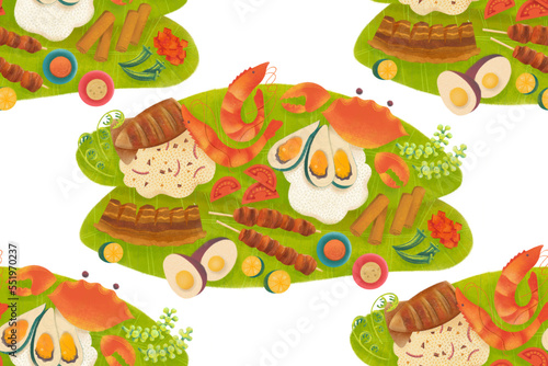 Filipino boodle fight food spread with seafood, grilled meat, rice, and vegetables on banana leaves illustrated pattern photo