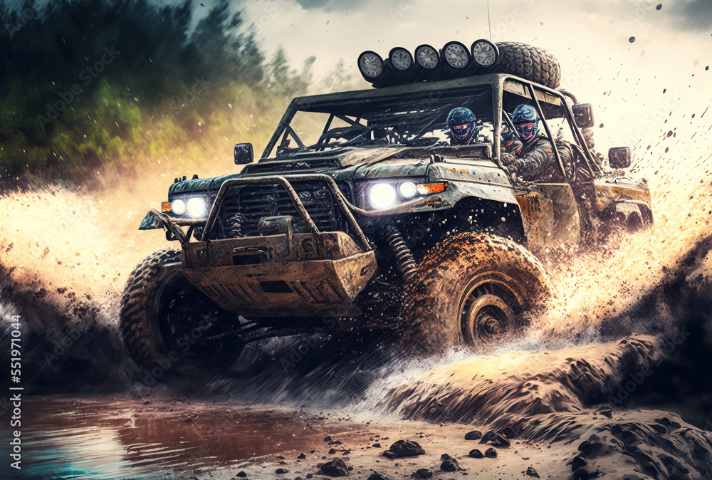 Obraz premium Off road vehicles go on a mountain while mud and water splash on the off road racing courses on a muddy area. Generative AI