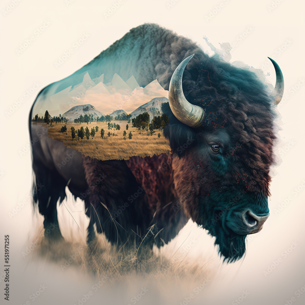 Double exposure Bison and landscape  made with Generative AI - obrazy, fototapety, plakaty 