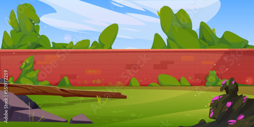 Backyard with brick wall fence, green grass, bushes with flowers and trees. Empty house yard, park lawn, summer nature landscape with plants, fence, stone and log, vector cartoon illustration