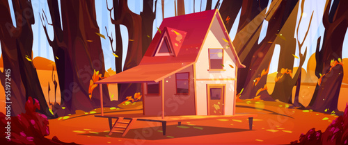 Autumn forest landscape with small rural house on glade. Wooden cottage, forester shack with porch in deep wood with trees in fall, vector cartoon illustration