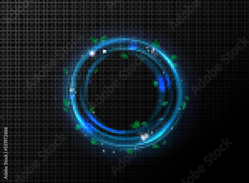 Abstract circle frame of blue wind or water wave with green leaves. Effect of clean, fresh air, spa concept with round border with tea leaves and sparkles, vector realistic illustration