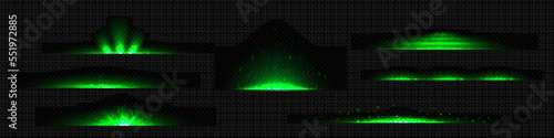 Realistic set of neon green light line dividers png isolated on transparent background. Vector illustration of horizontal flare, sparkling explosion, magic illumination effects glowing in darkness
