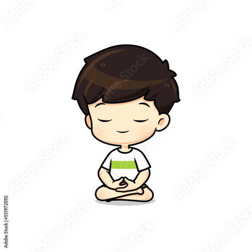 Cute boy mascot cartoon character in meditating pose