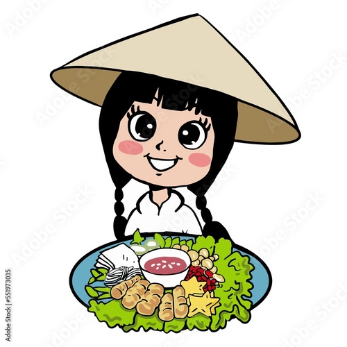 : cartoon girl with delicious vietnamese food