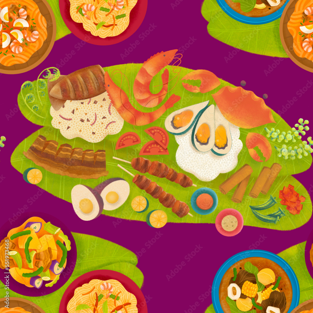 Filipino pansit, pinakbet, bulalo, and boodle fight food spread with seafood, grilled meat, rice, and vegetables on banana leaves illustrated pattern on purple background